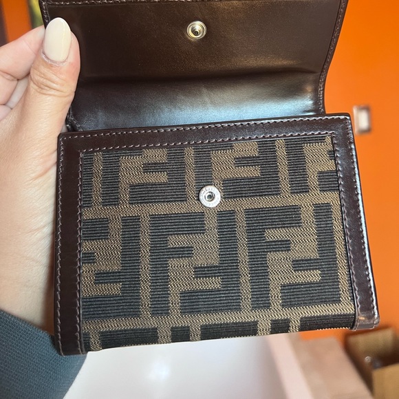 Fendi Zucca Pattern Canvas With Brown Leather Trim Trifold Wallet - Picture 6 of 11